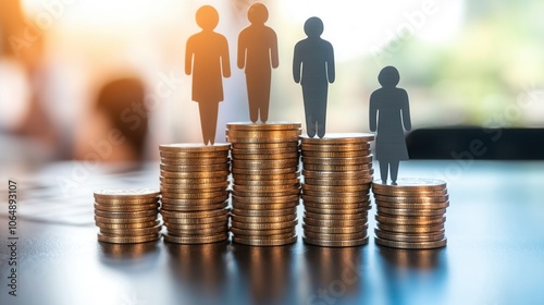 A symbolic representation of gender diversity in finance, showcasing figures atop stacks of coins, illustrating wealth disparity. photo