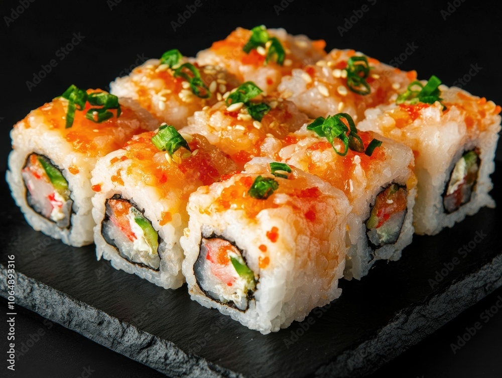Mouthwatering Sushi Rolls with Vibrant Toppings on Sleek Black Slate Board Professionally photographed Japanese cuisine with fresh seafood nori and dipping sauces for a modern Mouthwatering Sushi Rolls with Vibrant Toppings on Sleek Black Slate Board Professionally photographed Japanese cuisine with fresh seafood nori and dipping sauces for a modern