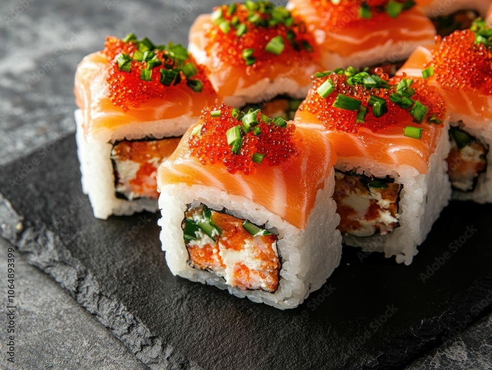 Professionally photographed sushi rolls with vibrant toppings artfully arranged on a sleek black slate background creating a modern and appetizing poster worthy image Professionally photographed sushi rolls with vibrant toppings artfully arranged on a sleek black slate background creating a modern and appetizing poster worthy image