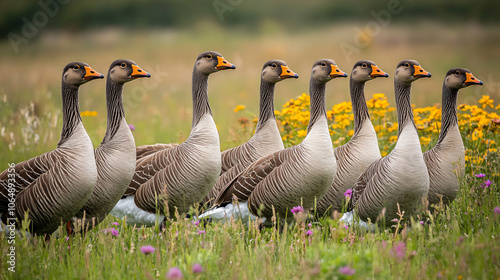 A group of wild geese standing in a meadow of tall grass and wildflowers in autumn.