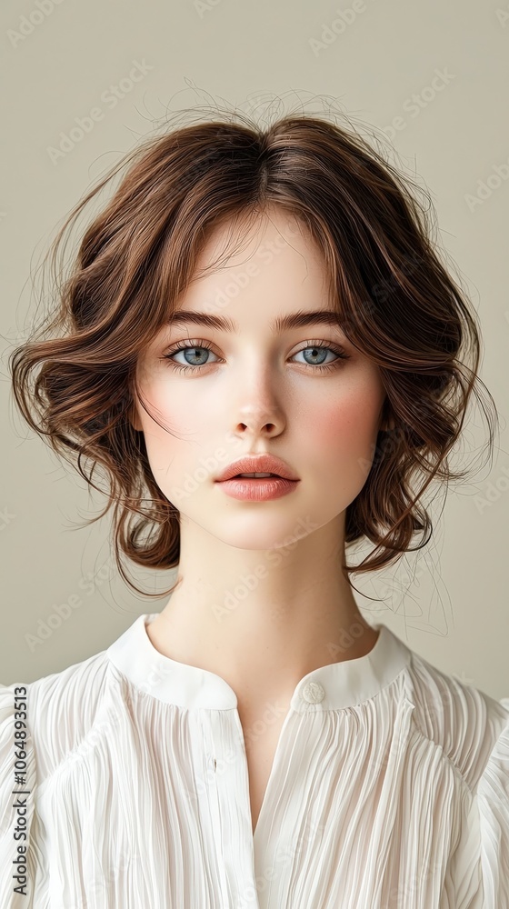 A woman with brown hair and blue eyes is wearing a white shirt A woman with brown hair and blue eyes is wearing a white shirt