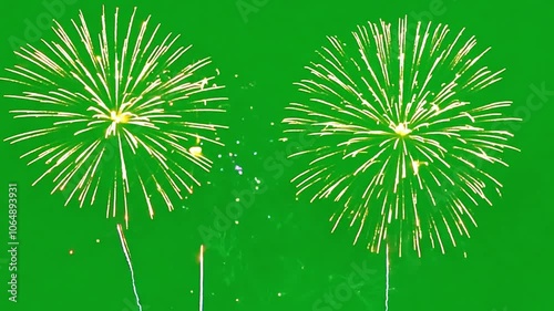 Shining fireworks bloom in green screen chroma mockup, creating a glowing spectacle that lights up a festive event or holiday celebration. Generative AI