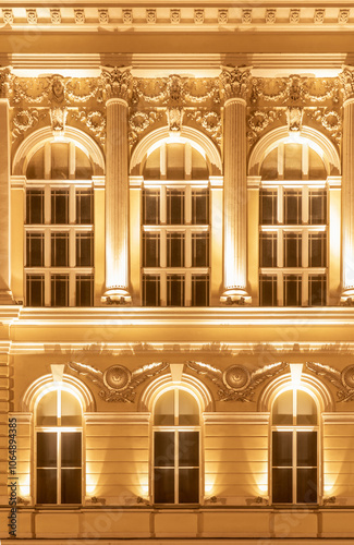 Facade of Zofin palace, Prague. Night view