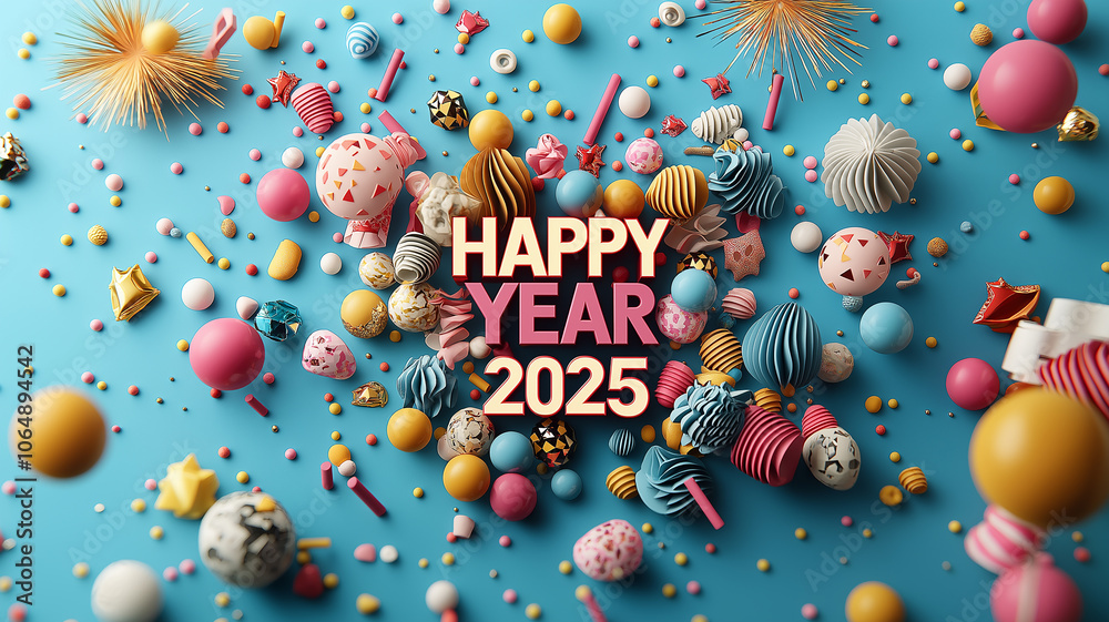 vibrant and festive design with HAPPY NEW YEAR 2025 surrounded by colorful decorations on blue background vibrant and festive design with HAPPY NEW YEAR 2025 surrounded by colorful decorations on blue background