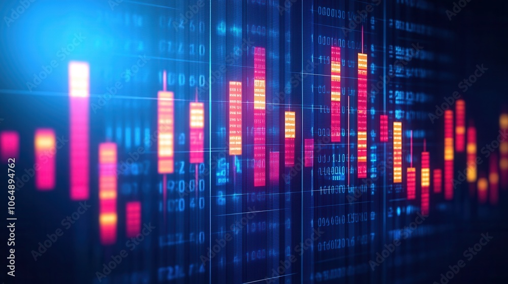 A vibrant digital graph displaying stock market trends with colorful bars and data, perfect for financial and business themes. A vibrant digital graph displaying stock market trends with colorful bars and data, perfect for financial and business themes.