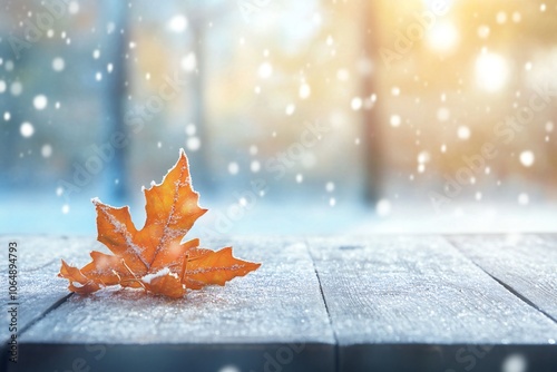 Frozen fallen leaves on wooden table top covered with thin layer of first snow. Forest at late autumn or beginning of winter. Maple leaves with soft backlight from rising sun. Winter season cozy atmos photo