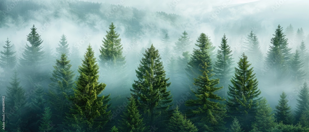 Fototapeta premium Tall Evergreen Trees Emerge From Fog in a Dense Mountain Forest
