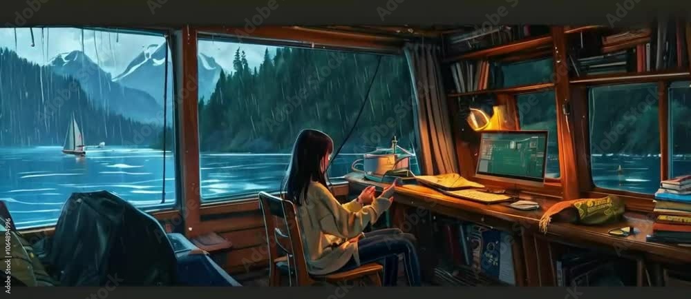 Lofi Girl studies in a cabin on a boat. Rain falls on the deck above, Lofi Girl studies in a cabin on a boat. Rain falls on the deck above,