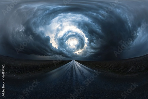 spherical 360 hdri panorama on side of asphalt road with rain storm clouds in dark sky in equirectangular seamless projection, as skydome replacement in drone panoramas, game development