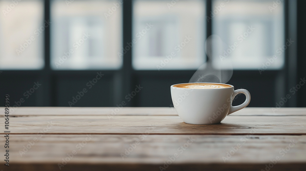 steaming cup of coffee sits on wooden table, with blurred window background creating cozy atmosphere steaming cup of coffee sits on wooden table, with blurred window background creating cozy atmosphere