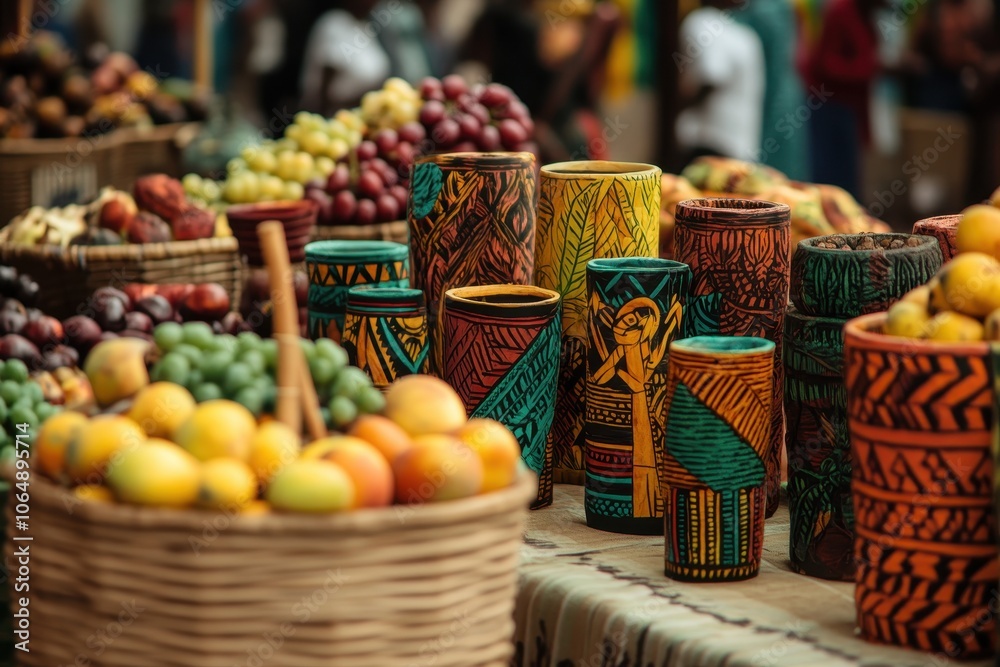 Kwanzaa Market Display: A vibrant market stall filled with Kwanzaa-related items: hand-carved unity cups, colorful kinaras, baskets of fresh fruits, and African textile products. The market is lively Kwanzaa Market Display: A vibrant market stall filled with Kwanzaa-related items: hand-carved unity cups, colorful kinaras, baskets of fresh fruits, and African textile products. The market is lively