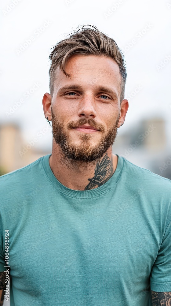 A man with a beard and tattoos on his arm is smiling for the camera A man with a beard and tattoos on his arm is smiling for the camera