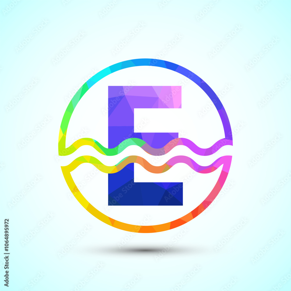 English alphabet E in a circle with water waves. Water wave logo design low poly style English alphabet E in a circle with water waves. Water wave logo design low poly style