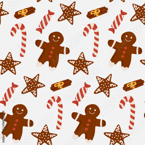 Groovy Christmas seamless pattern. Red cup, gingerbread man and candy cane in trendy retro cartoon style. Background for winter festive design. Vector illustration