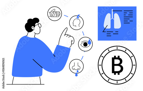 Man pointing to various icons including the brain, lungs, eye, and bitcoin symbol. Ideal for healthcare, technology, finance, education, digital transformation, data analysis, innovation themes. Line