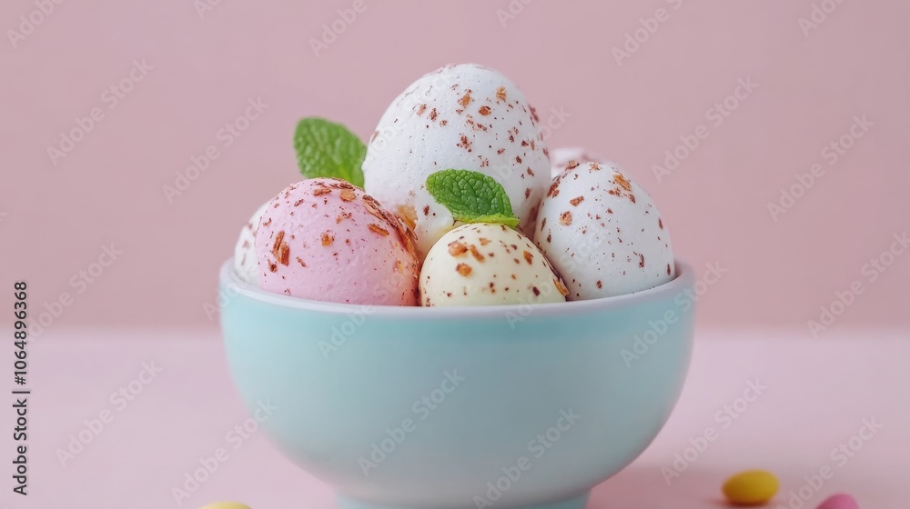 Pastel Dreams: A delicate bowl of pastel-hued Easter eggs with chocolate sprinkles and fresh mint Pastel Dreams: A delicate bowl of pastel-hued Easter eggs with chocolate sprinkles and fresh mint