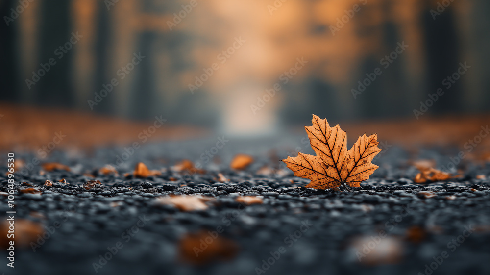 Fototapeta premium single orange leaf rests on gravel path, surrounded by blurred forest background, evoking sense of autumn tranquility
