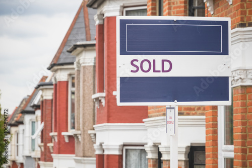 Sold sign displayed outside a terraced house London, UK