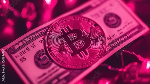 A vibrant image featuring a Bitcoin coin on a dollar bill with a colorful background, symbolizing cryptocurrency exchange and finance. photo