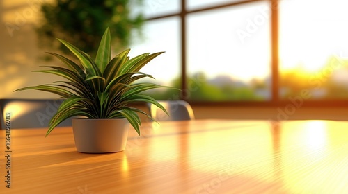 A vibrant indoor plant in a modern pot, placed on a wooden table, illuminated by warm sunlight streaming through a large window.