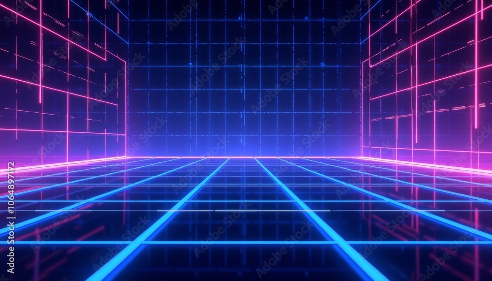 Futuristic vaporwave room with glowing neon pink and blue grid walls and floor Futuristic vaporwave room with glowing neon pink and blue grid walls and floor