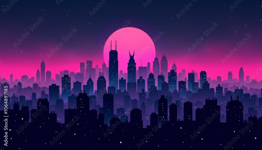 Fototapeta premium Vaporwave cityscape silhouette against a vibrant pink sunset with a starry night sky