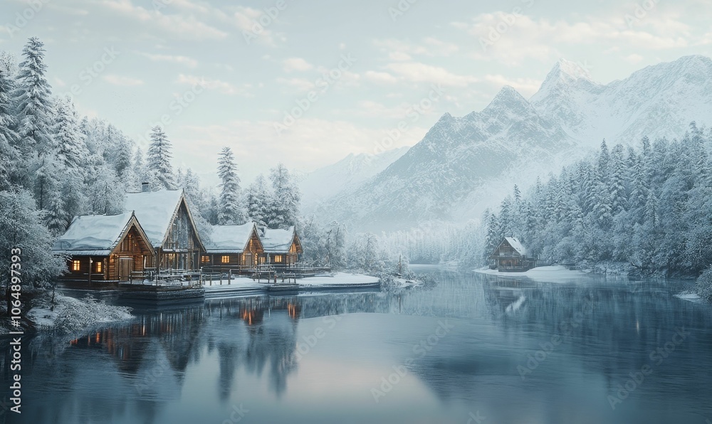 Fototapeta premium Snowy forest cabins reflect in frozen lake.