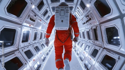 An astronaut in a bright orange spacesuit floats through a white, hexagonal spacecraft corridor, creating a striking contrast between the suit and sterile environment photo