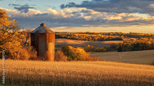 A historic grain silo nestled among golden fields, representing the bounty of Thanksgiving harvest. photo