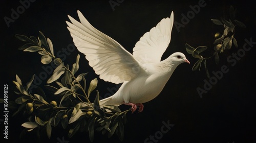 A symbol of peace, the dove carries an olive branch as a sign of harmony and hope. photo