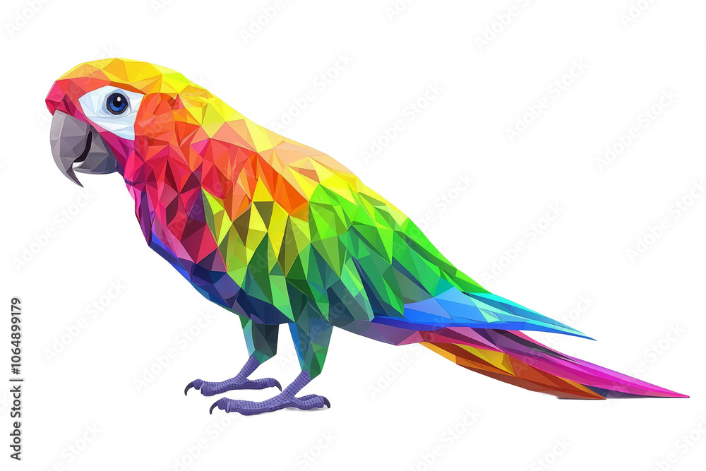 Obraz premium Low-poly parrot with glowing rainbow patterns on its wings and tail, on a white background
