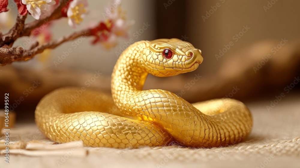Fototapeta premium This cute golden cartoon snake representing the Chinese zodiac snake, with a small golden gift, perfect for a Spring Festival gift to share happiness and good fortune.