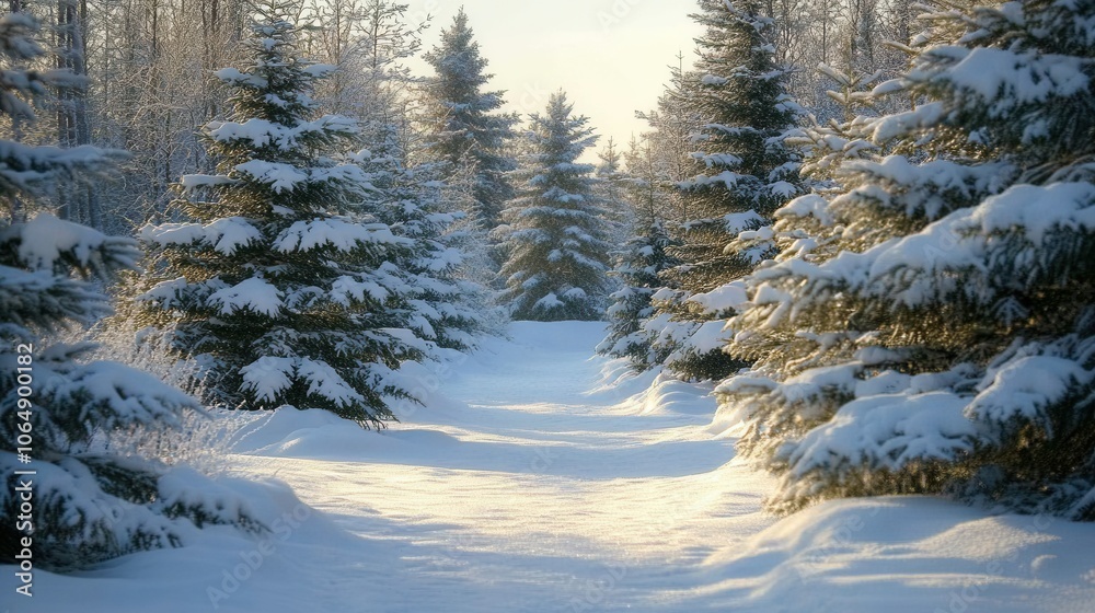 Snow-covered pine trees line a tranquil path in a serene forest during winter's embrace Snow-covered pine trees line a tranquil path in a serene forest during winter's embrace