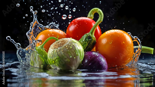 Fresh vegetables splash in water captured midmotion with vibrant colors against a dark background