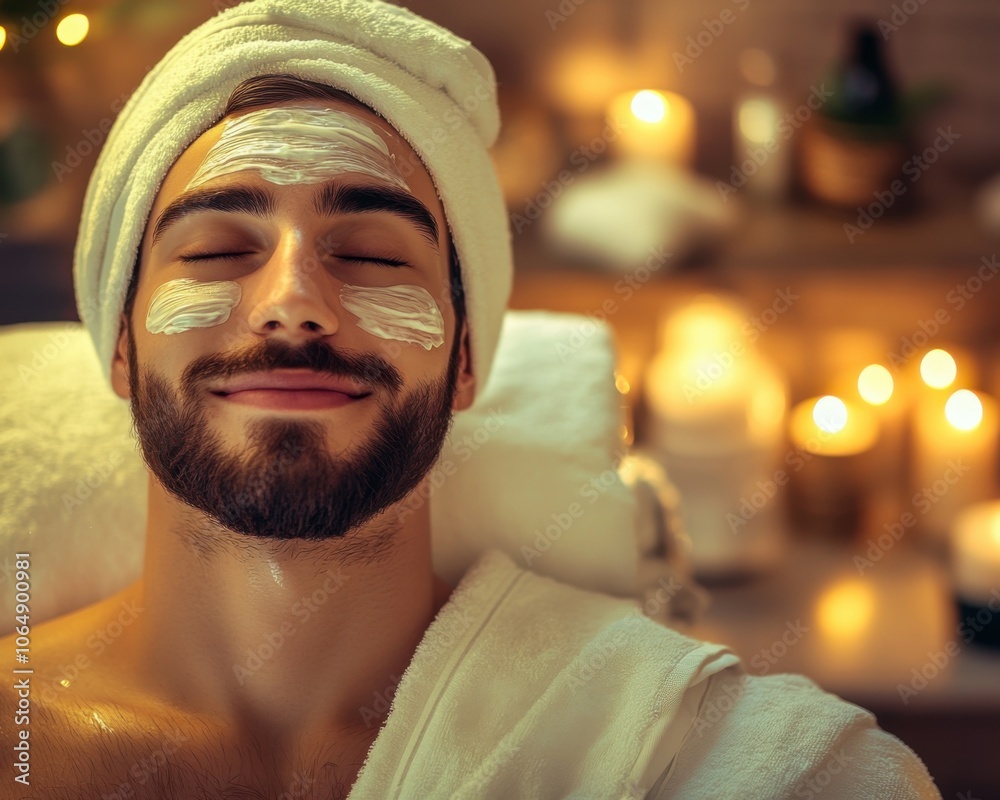 Man in spa salon enjoys relaxing treatments and tranquil atmosphere.. Man in spa salon enjoys relaxing treatments and tranquil atmosphere..