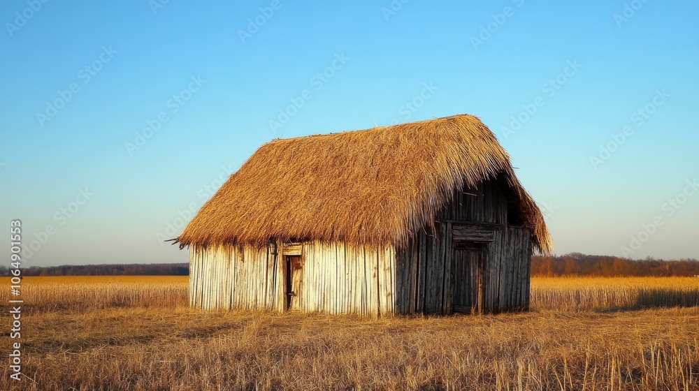 A rustic thatched-roof hut stands alone in a golden field under a clear blue sky. A rustic thatched-roof hut stands alone in a golden field under a clear blue sky.