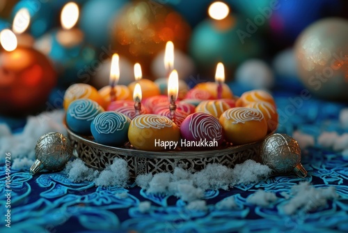 Happy Hanukkah sufganiyot concept. A vibrant display of colorful candles and sweets on a blue table celebrating Hanukkah with lights and festive decorations photo