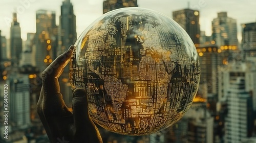 An artistic representation of a globe held above a city skyline, symbolizing global connection and urban development. photo