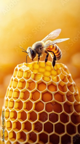 A bee is on top of a honeycomb photo