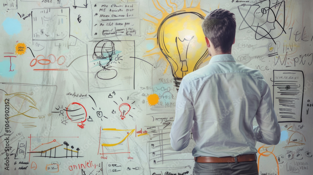 Man brainstorming and developing ideas in a creative workspace with interactive designs on the wall Man brainstorming and developing ideas in a creative workspace with interactive designs on the wall