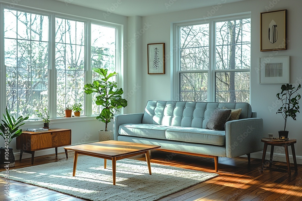A mid century modern interior in a living room with a sofa and table and windows. Generative AI
A mid century modern interior in a living room with a sofa and table and windows. Generative AI