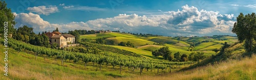 Rolling hills adorned with vineyards and rustic buildings under a vibrant sky in Tuscany during late afternoon