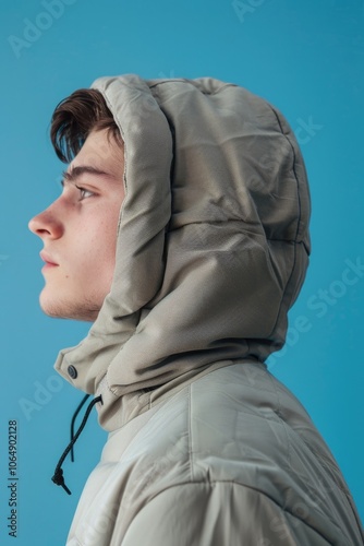 A person wearing a jacket and hood, great for depicting inclement weather or casual outdoor activities
