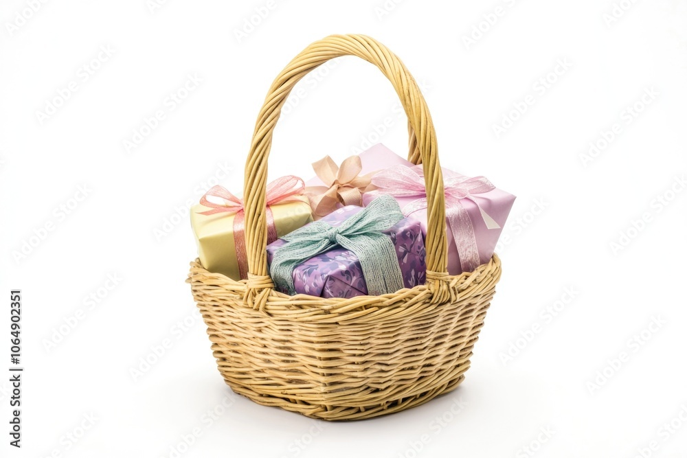 A cozy wicker basket filled with wrapped presents and gift wrapping supplies