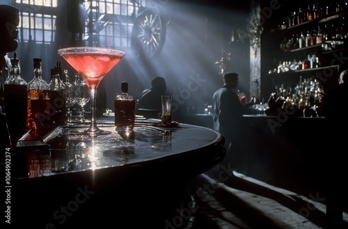 A dramatic scene of a red cocktail on an old-fashioned bar, with shadowy figures in the background, in the style of film noir