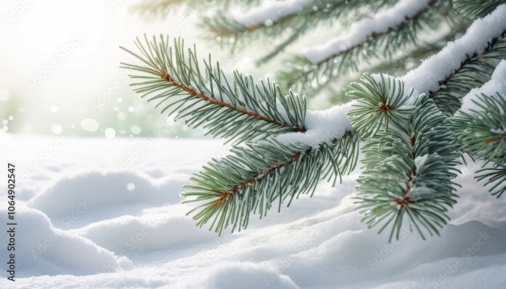 Close-up of snow-covered fir tree branches in winter setting, ideal for Christmas background Close-up of snow-covered fir tree branches in winter setting, ideal for Christmas background