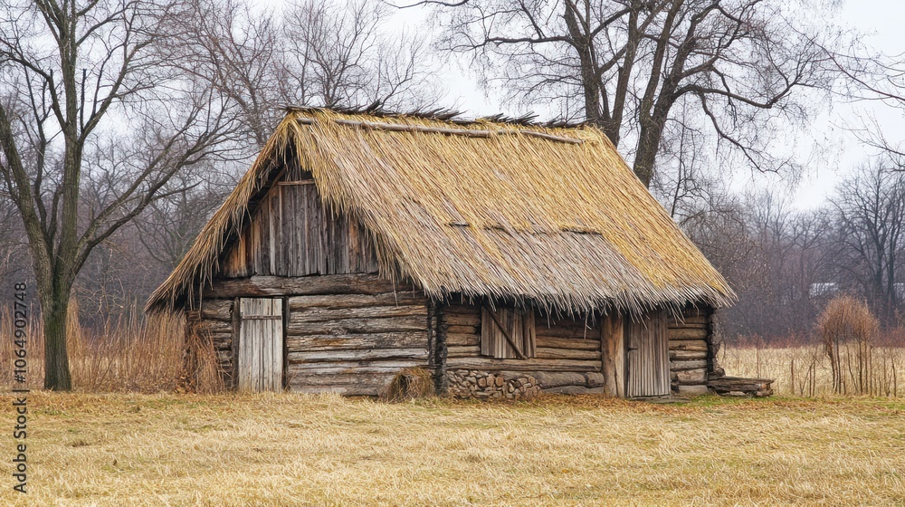 A rustic wooden cabin with a thatched roof in a serene, open landscape during winter. A rustic wooden cabin with a thatched roof in a serene, open landscape during winter.