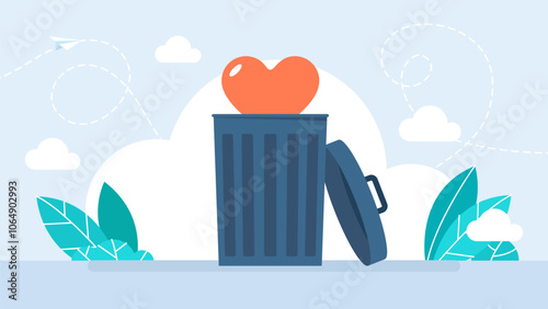 Love heart is thrown into garbage, trash, waste and rubbish. Conceptual icon with broken heart. Metaphor of end of love relationship, split-up, and breakup. Flat design. Vector illustration