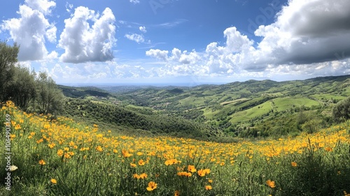 Breathtaking panorama of Beigua Regional Park showcasing rolling hills, dense forests, and blooming wildflowers in Liguria's inland areas photo