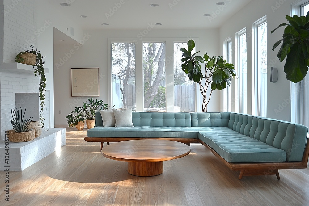 Naklejka premium A mid century modern interior in a living room with a sofa and table and windows. Generative AI 